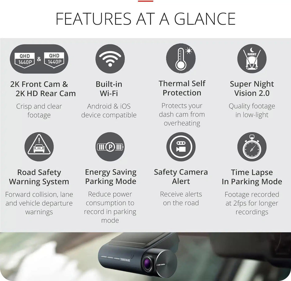 Thinkware Q850 PRO 2K Front & 2K Rear Dashcam, 64GB, Bluetooth, Wifi, Super Night Vision, Parking Mode