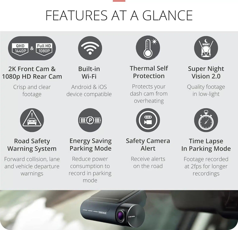 Thinkware Q850 2K Front & 1080P Rear Dashcam, 64GB, Bluetooth, Wifi, Super Night Vision, Parking Mode