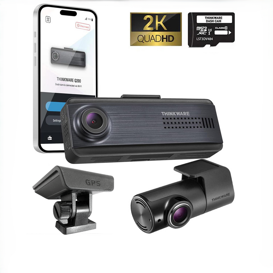 Thinkware Q200 2K Front & 1080P Rear Dashcam, Wifi, Bluetooth, Super Night Vision, 32GB, GPS