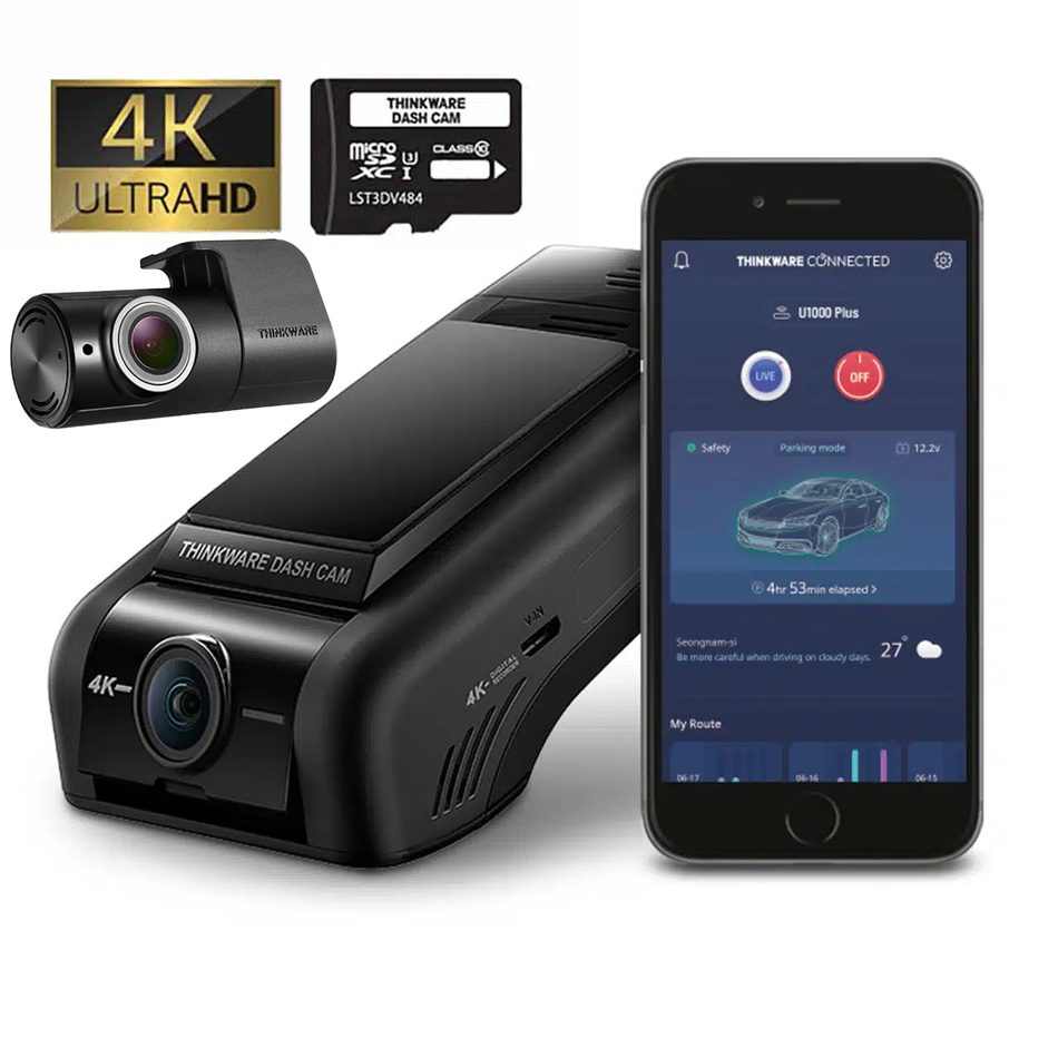 Thinkware U1000 Plus 4K UHD Front & 1080P Rear Dash Cam, Wifi, Super Night Vision 3, Bluetooth, 64GB SD Card