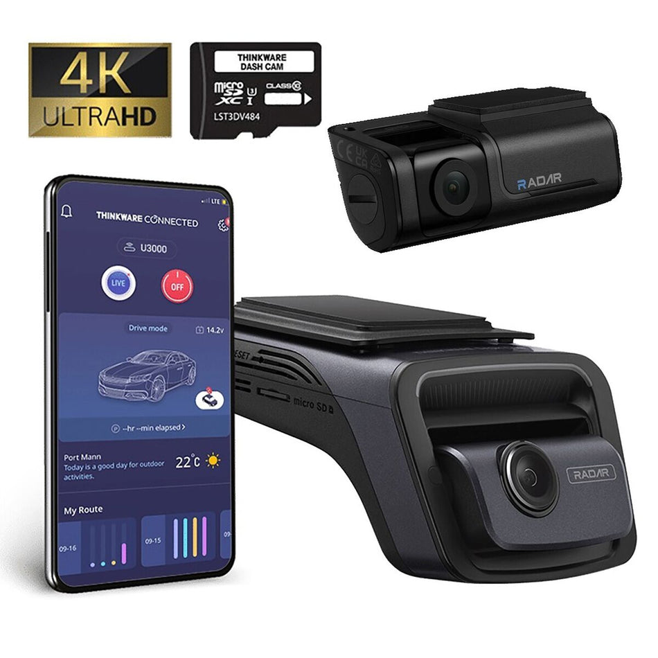 Thinkware U3000 4K Front & 2K Rear Dashcam, Both With Built In Radar, Bluetooth, Wifi, Super Night Vision, 64GB