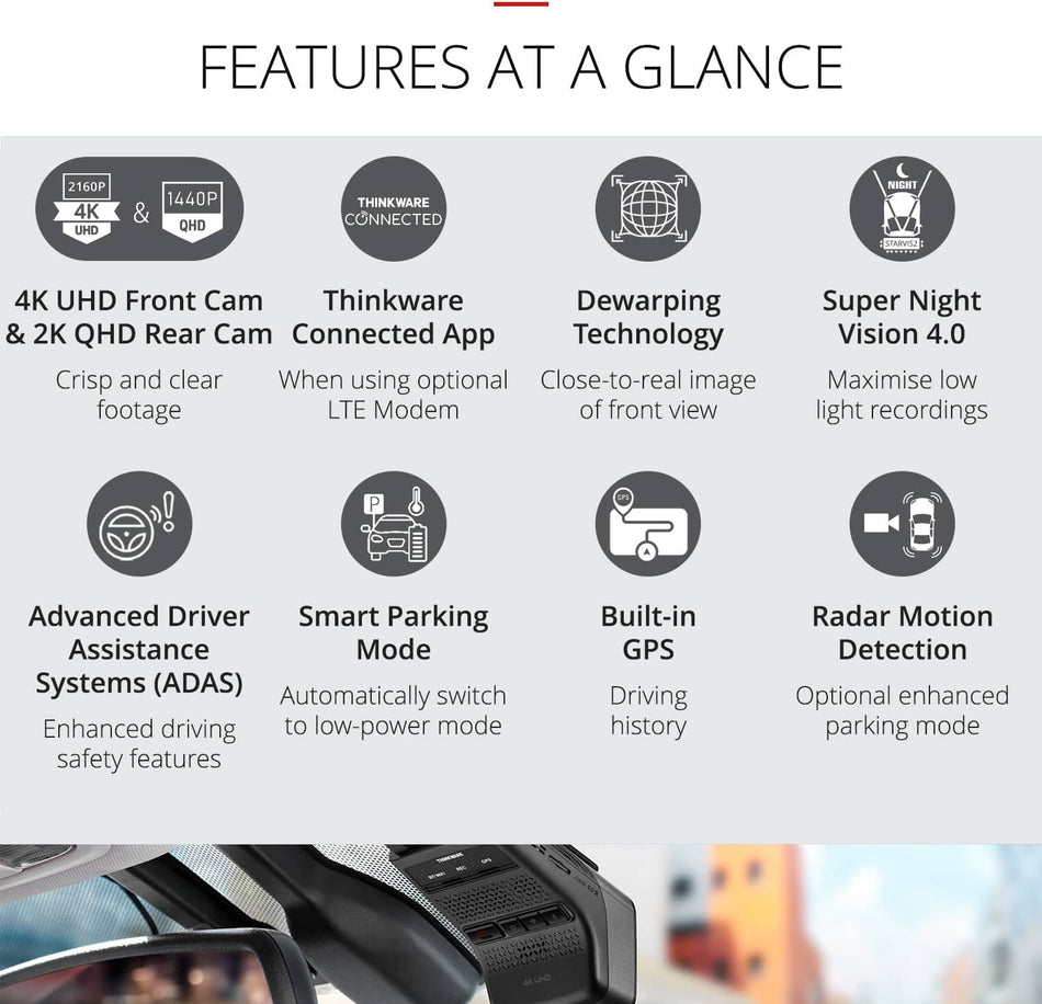Thinkware U3000 PRO 4K Front & 2K Rear Dashcam, Both With Built In Radar & HDR, Bluetooth, Wifi, Super Night Vision, 64GB (Open Box)
